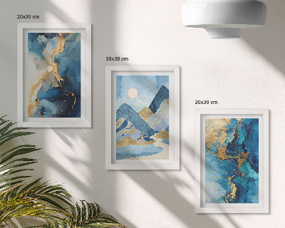 Juego de 3 cuadros decorativos Montañas azules con elementos de patrones abstractos