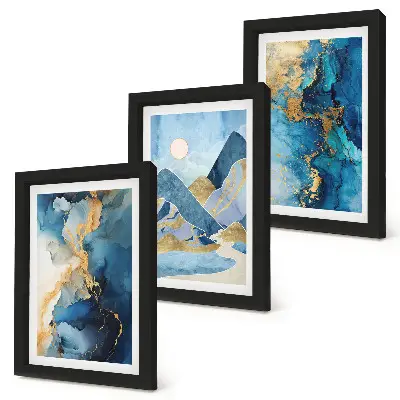 Juego de 3 cuadros decorativos con diseño de montañas azules y patrones abstractos