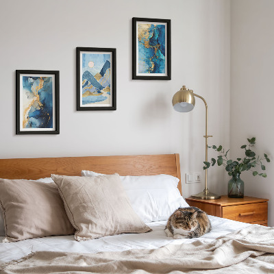 Juego de 3 cuadros decorativos Montañas azules con elementos de patrones abstractos