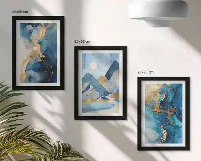 Juego de 3 cuadros decorativos con diseño de montañas azules y patrones abstractos