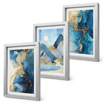 Juego de 3 cuadros decorativos con diseño de montañas azules y patrones abstractos