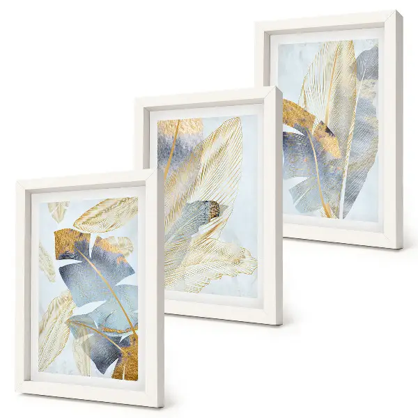 Juego de 3 cuadros decorativos con diseño de hojas en tonos azules y beige sobre fondo claro