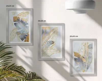 Juego de 3 cuadros decorativos con diseño de hojas en tonos azules y beige sobre fondo claro