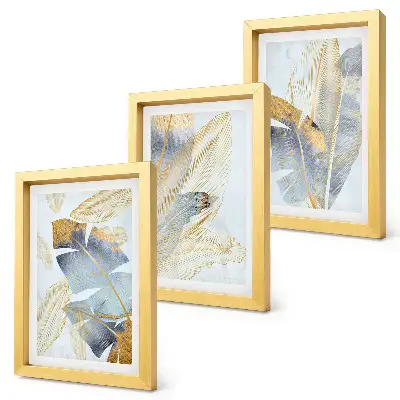 Juego de 3 cuadros decorativos con diseño de hojas en tonos azules y beige sobre fondo claro
