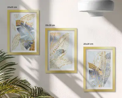 Juego de 3 cuadros decorativos con diseño de hojas en tonos azules y beige sobre fondo claro