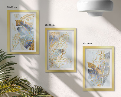 Juego de 3 cuadros decorativos Hojas en tonos azules y beige sobre un fondo claro.