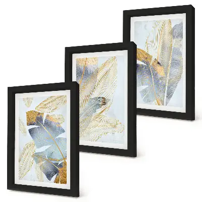 Juego de 3 cuadros decorativos con diseño de hojas en tonos azules y beige sobre fondo claro