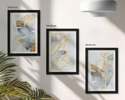 Juego de 3 cuadros decorativos con diseño de hojas en tonos azules y beige sobre fondo claro