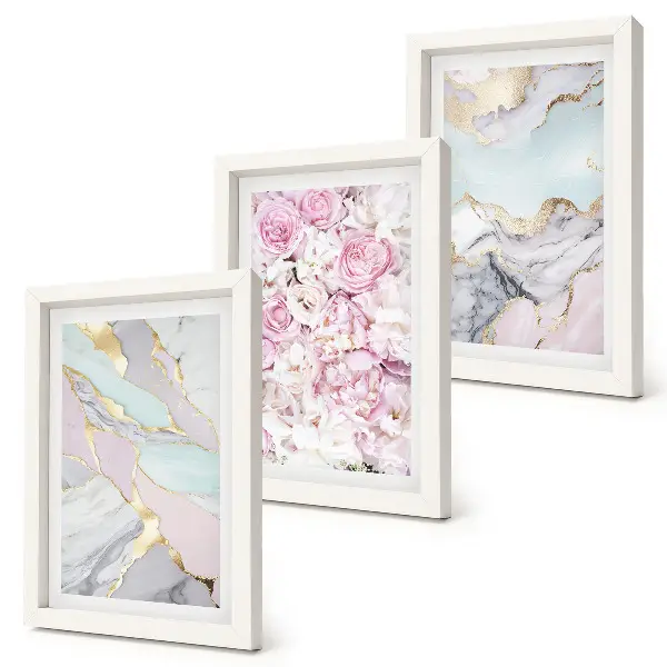 Juego de 3 cuadros decorativos con flores rosas, estampados de mármol y tonos pastel