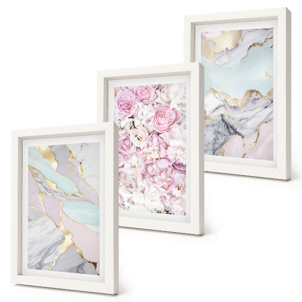 Juego de 3 cuadros decorativos Flores rosas con estampados de mármol y tonos pastel.