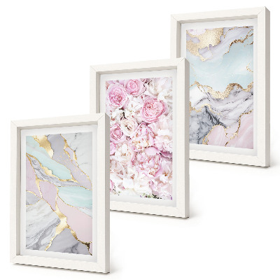 Juego de 3 cuadros decorativos Flores rosas con estampados de mármol y tonos pastel.