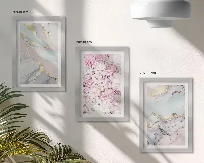 Juego de 3 cuadros decorativos con flores rosas, estampados de mármol y tonos pastel