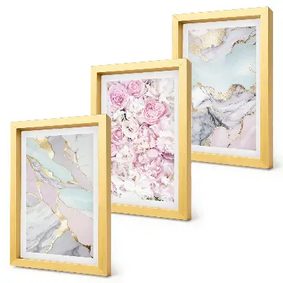 Juego de 3 cuadros decorativos con flores rosas, estampados de mármol y tonos pastel