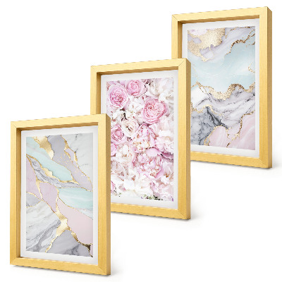 Juego de 3 cuadros decorativos Flores rosas con estampados de mármol y tonos pastel.