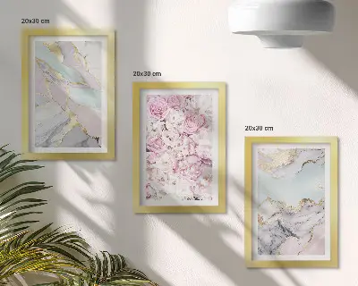 Juego de 3 cuadros decorativos con flores rosas, estampados de mármol y tonos pastel