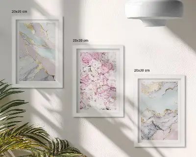 Juego de 3 cuadros decorativos con flores rosas, estampados de mármol y tonos pastel