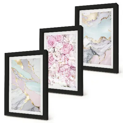 Juego de 3 cuadros decorativos con flores rosas, estampados de mármol y tonos pastel