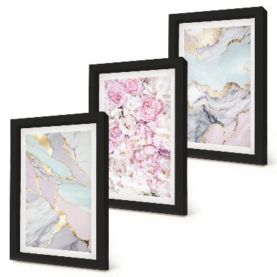 Juego de 3 cuadros decorativos Flores rosas con estampados de mármol y tonos pastel.