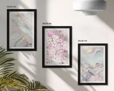 Juego de 3 cuadros decorativos con flores rosas, estampados de mármol y tonos pastel