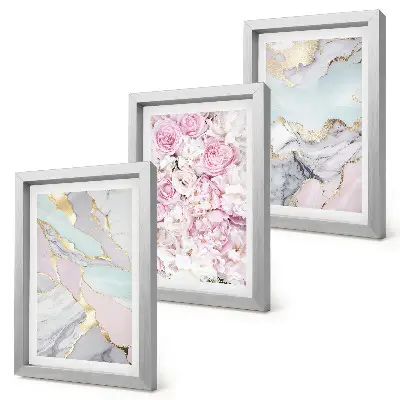 Juego de 3 cuadros decorativos con flores rosas, estampados de mármol y tonos pastel