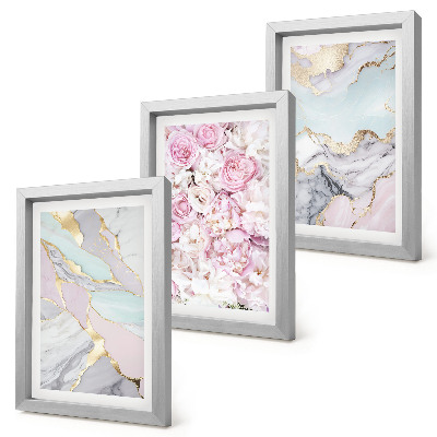 Juego de 3 cuadros decorativos Flores rosas con estampados de mármol y tonos pastel.