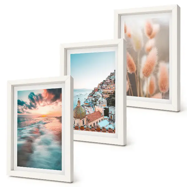 Juego de 3 cuadros decorativos con vista al mar al atardecer, casas coloridas y flores