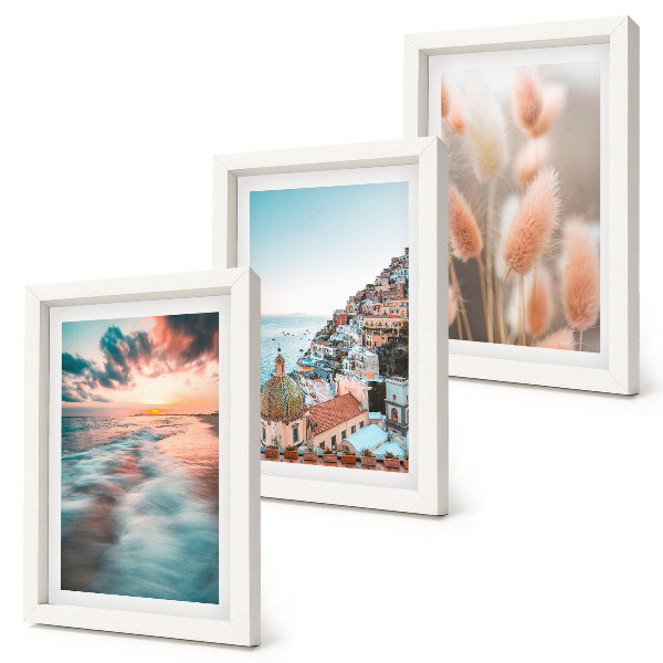 Juego de 3 cuadros decorativos Vista al mar puesta de sol casas coloridas flores