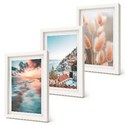 Juego de 3 cuadros decorativos Vista al mar puesta de sol casas coloridas flores