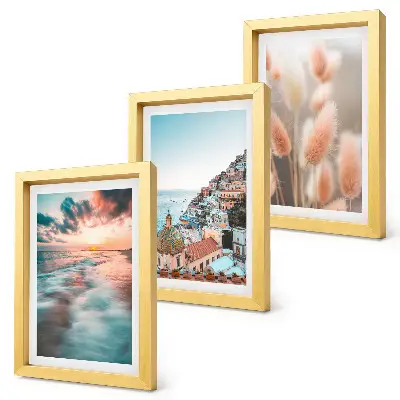 Juego de 3 cuadros decorativos con vista al mar al atardecer, casas coloridas y flores
