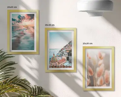 Juego de 3 cuadros decorativos con vista al mar al atardecer, casas coloridas y flores