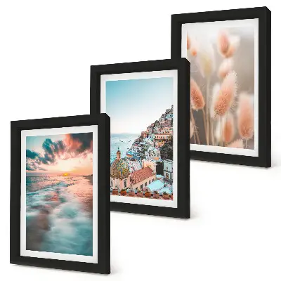 Juego de 3 cuadros decorativos con vista al mar al atardecer, casas coloridas y flores