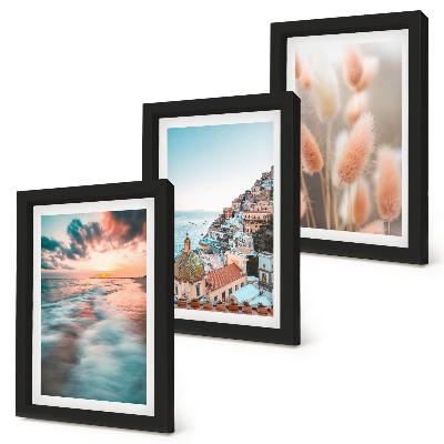 Juego de 3 cuadros decorativos Vista al mar puesta de sol casas coloridas flores