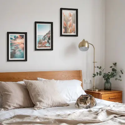 Juego de 3 cuadros decorativos con vista al mar al atardecer, casas coloridas y flores
