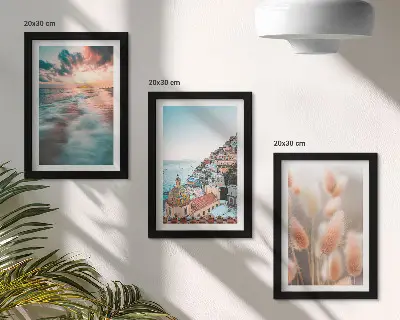 Juego de 3 cuadros decorativos con vista al mar al atardecer, casas coloridas y flores