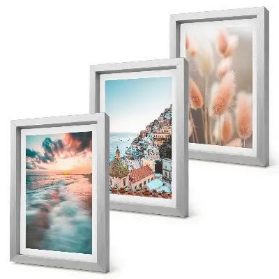 Juego de 3 cuadros decorativos con vista al mar al atardecer, casas coloridas y flores