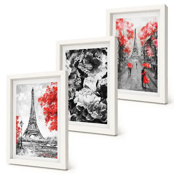 Juego de 3 cuadros decorativos pinturas de la Torre Eiffel en gris con detalles rojos