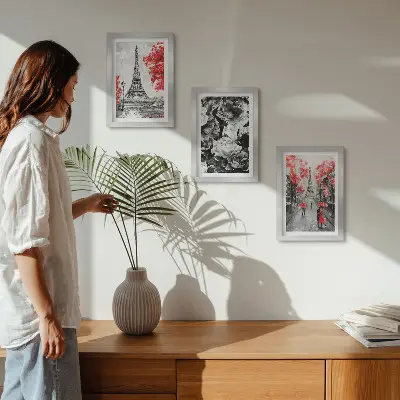 Juego de 3 cuadros decorativos pinturas de la Torre Eiffel en gris con detalles rojos