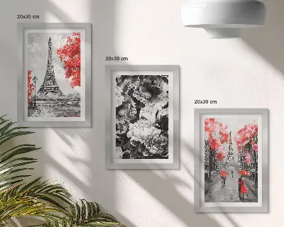 Juego de 3 cuadros decorativos pinturas de la Torre Eiffel en gris con detalles rojos