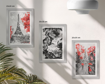 Juego de 3 cuadros decorativos Pinturas grises de la Torre Eiffel con detalles rojos.