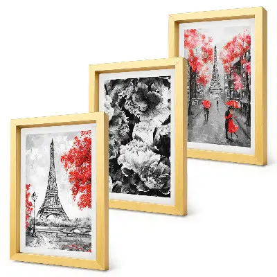 Juego de 3 cuadros decorativos pinturas de la Torre Eiffel en gris con detalles rojos