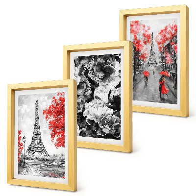 Juego de 3 cuadros decorativos Pinturas grises de la Torre Eiffel con detalles rojos.