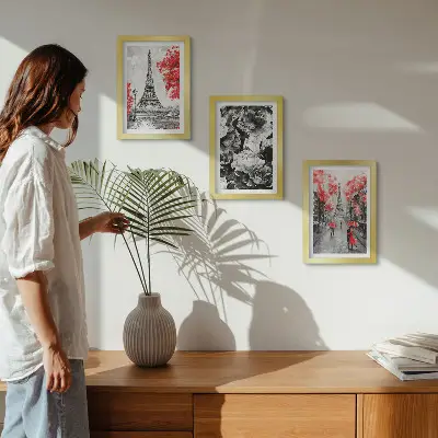 Juego de 3 cuadros decorativos pinturas de la Torre Eiffel en gris con detalles rojos