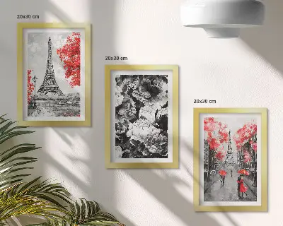 Juego de 3 cuadros decorativos pinturas de la Torre Eiffel en gris con detalles rojos