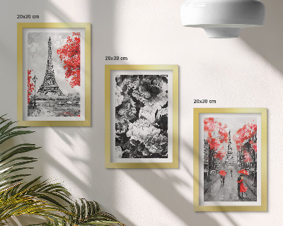 Juego de 3 cuadros decorativos Pinturas grises de la Torre Eiffel con detalles rojos.