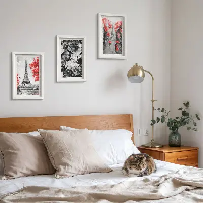 Juego de 3 cuadros decorativos pinturas de la Torre Eiffel en gris con detalles rojos