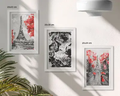 Juego de 3 cuadros decorativos pinturas de la Torre Eiffel en gris con detalles rojos
