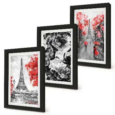 Juego de 3 cuadros decorativos pinturas de la Torre Eiffel en gris con detalles rojos