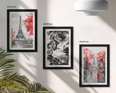 Juego de 3 cuadros decorativos pinturas de la Torre Eiffel en gris con detalles rojos