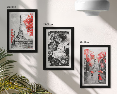 Juego de 3 cuadros decorativos Pinturas grises de la Torre Eiffel con detalles rojos.