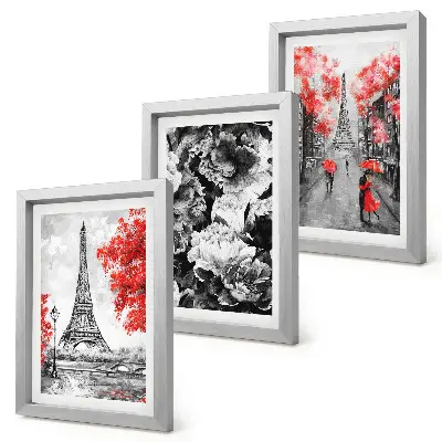 Juego de 3 cuadros decorativos pinturas de la Torre Eiffel en gris con detalles rojos